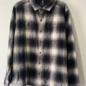 Kuhl Law Flannel Long Sleeve Button Shirt Medium Men BlackPlaid Hiking Outdoors